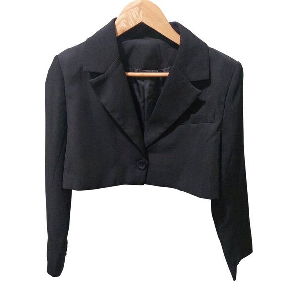 NWT Commense 2pc Black Cropped Blazer & Pleated Mini Skirt W/ White ~ Small - Picture 2 of 10